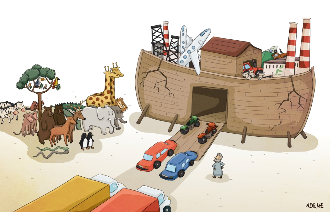 A Noah's Ark is overloaded with industrial goods, so that it is already showing the first cracks. While cars and trucks still enter the lower level, wild animals and Noah look perplexed at what is happening.