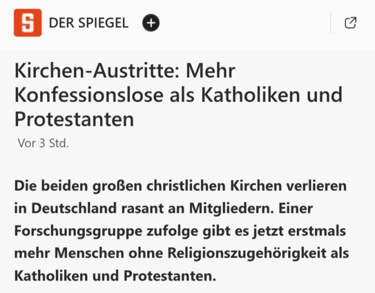 Kirchen-Austritte: Mehr Konfessionslose als Katholiken und Protestanten: Die beiden großen christlichen Kirchen verlieren in Deutschland rasant an Mitgliedern. Einer Forschungsgruppe zufolge gibt es jetzt erstmals mehr Menschen ohne Religionszugehörigkeit als Katholiken und Protestanten.